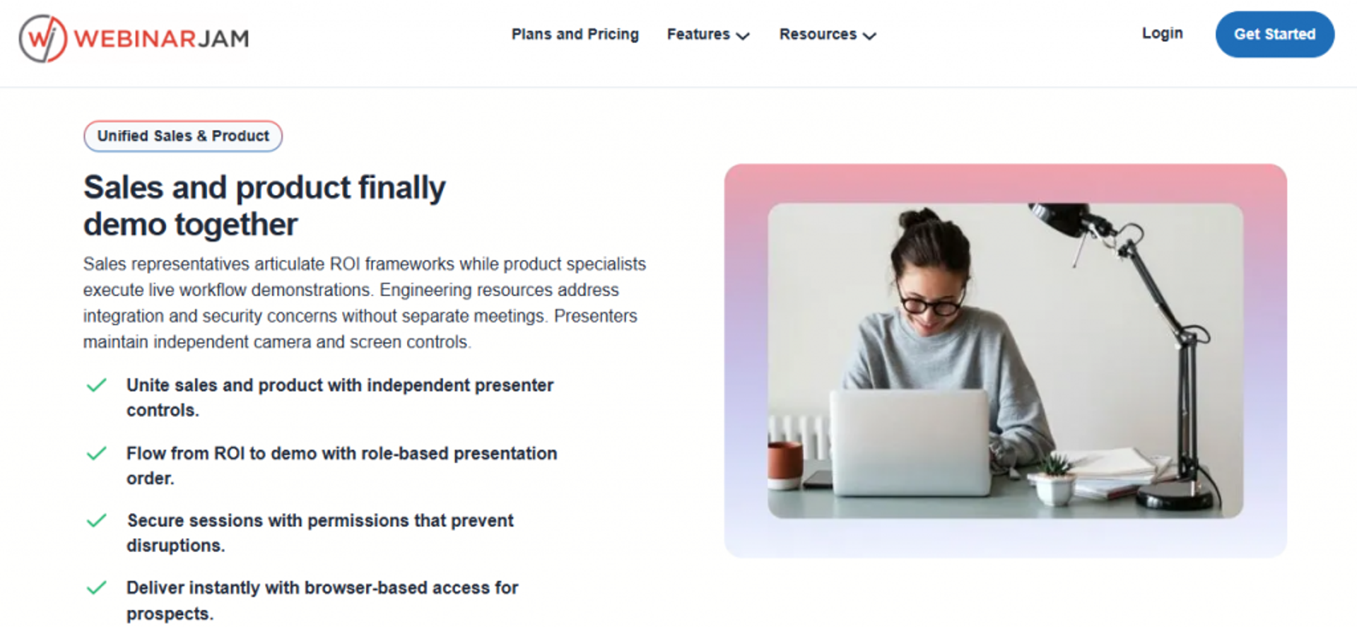 WebinarJam unified sales and product demo page with independent presenter controls and browser-based access