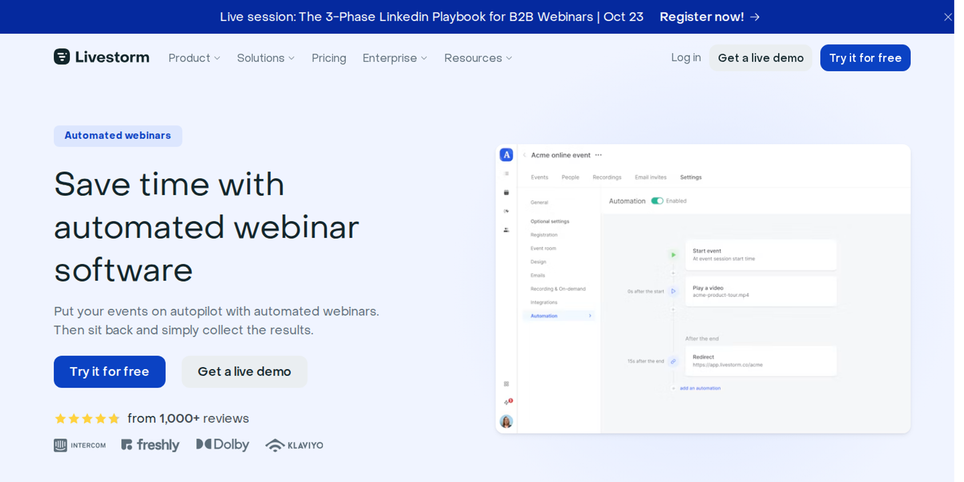 Livestorm automated webinar software headline beside an automation settings screen with session and redirect steps