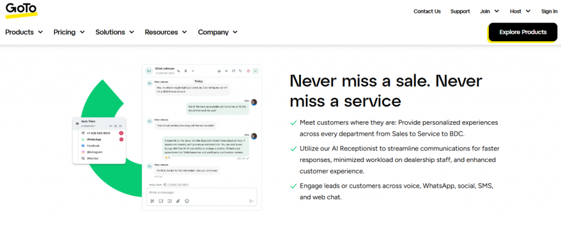 GoTo multichannel messaging across voice, WhatsApp, social, and web chat for compliance-heavy corporate teams
