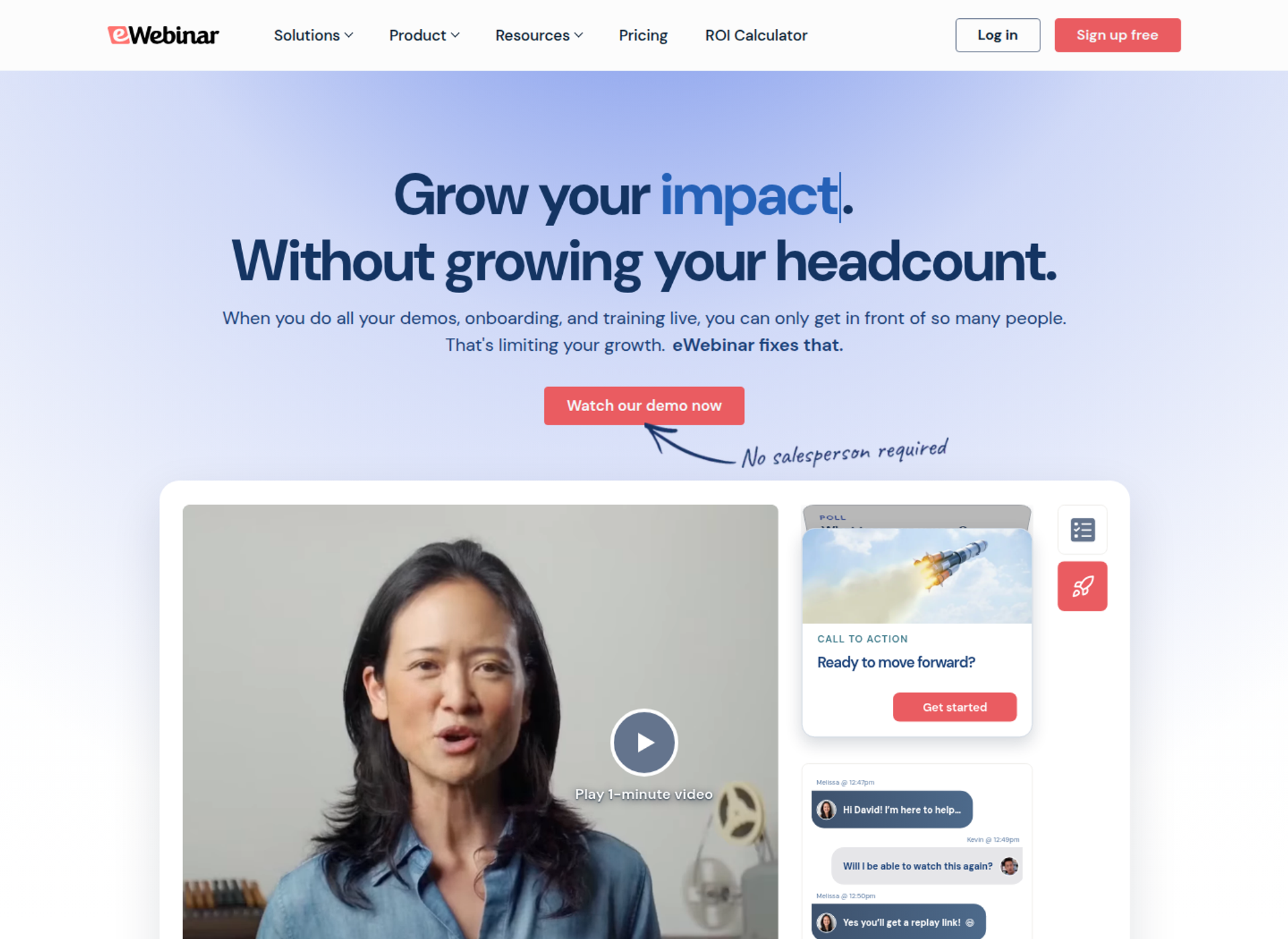 eWebinar homepage headline Grow your impact above a recorded webinar video with a call-to-action card and chat replies