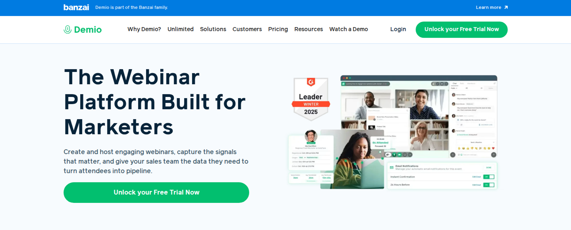 Demio home page headline The Webinar Platform Built for Marketers beside a webinar room screenshot and G2 badge