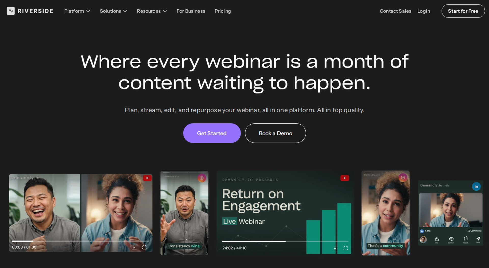 Riverside webinars headline above a row of webinar video clips and a Return on Engagement slide