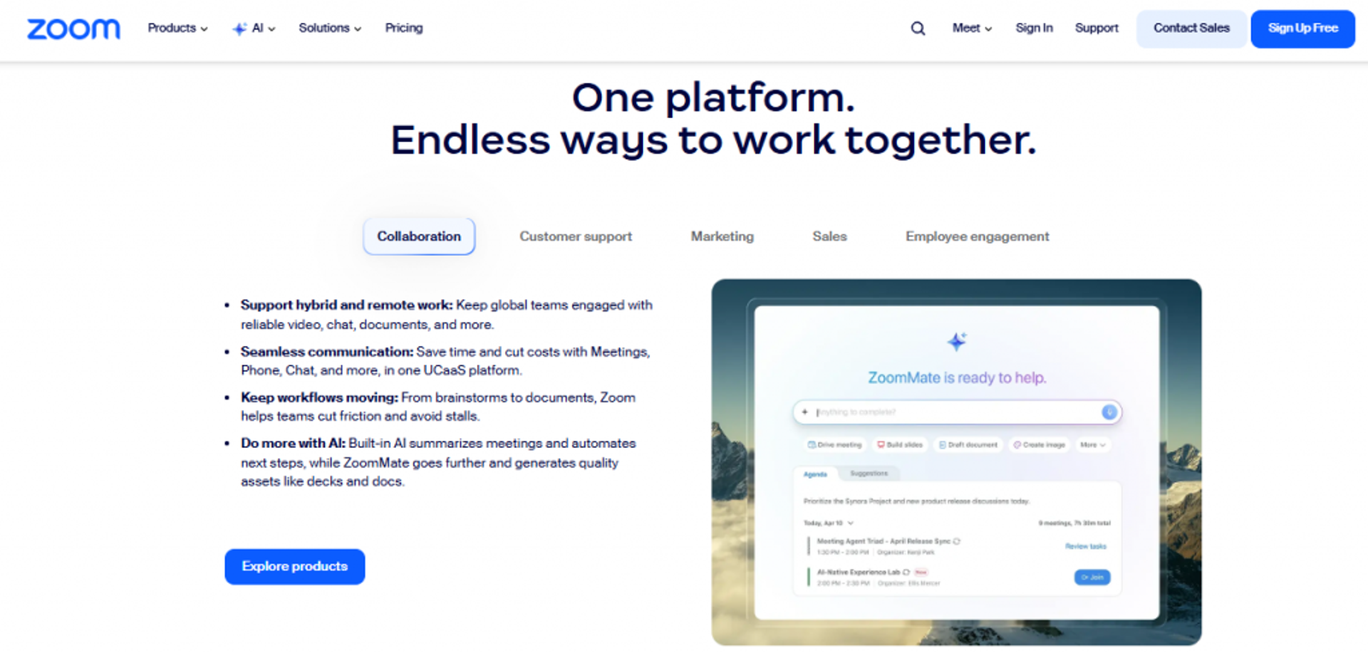 Zoom homepage promoting one platform for collaboration, meetings, and AI-assisted workflows across teams