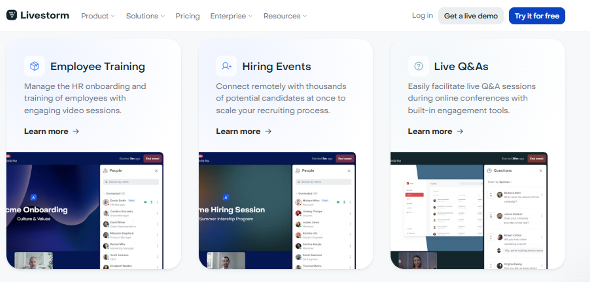 Livestorm solutions page showing employee training, hiring events, and live Q&A use cases with attendee panels