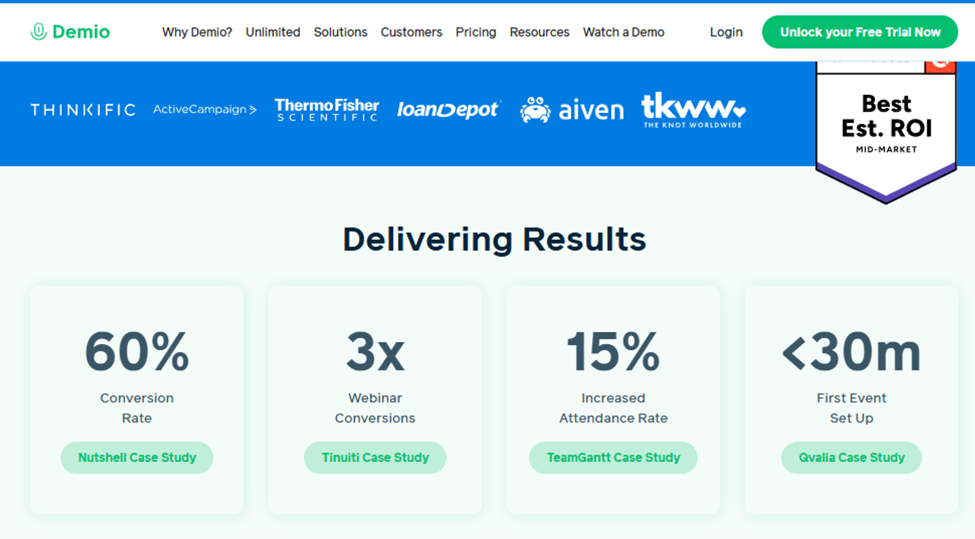 Demio results page showing 60% conversion rate and 15% attendance lift, an EverWebinar alternative for live-first teams