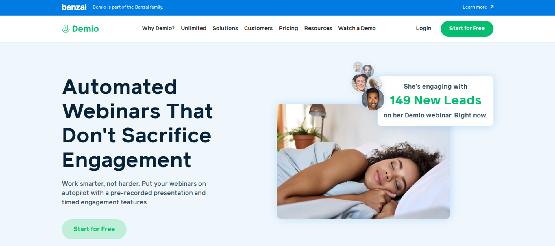 Demio automated webinars headline beside an image of a sleeping woman and a 149 new leads card
