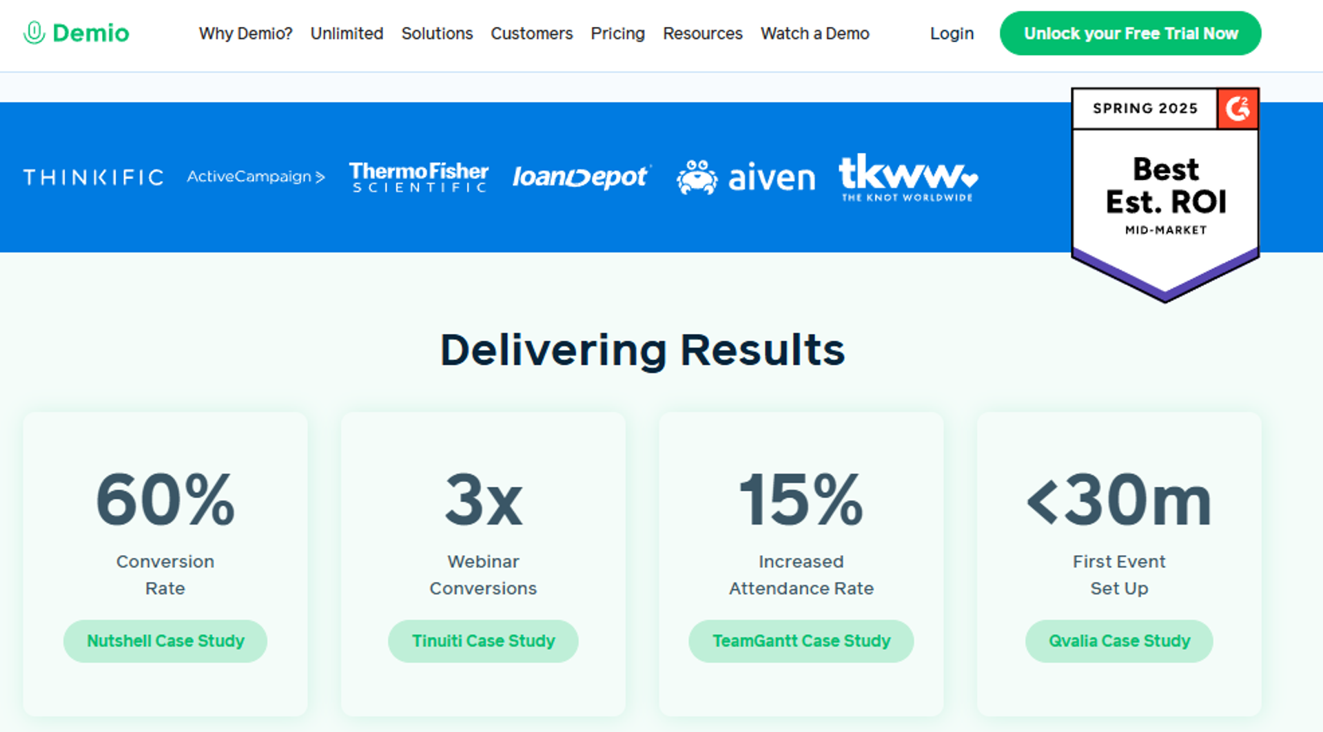 Demio homepage showing customer logos and results like 60% conversion and 3x webinar conversions