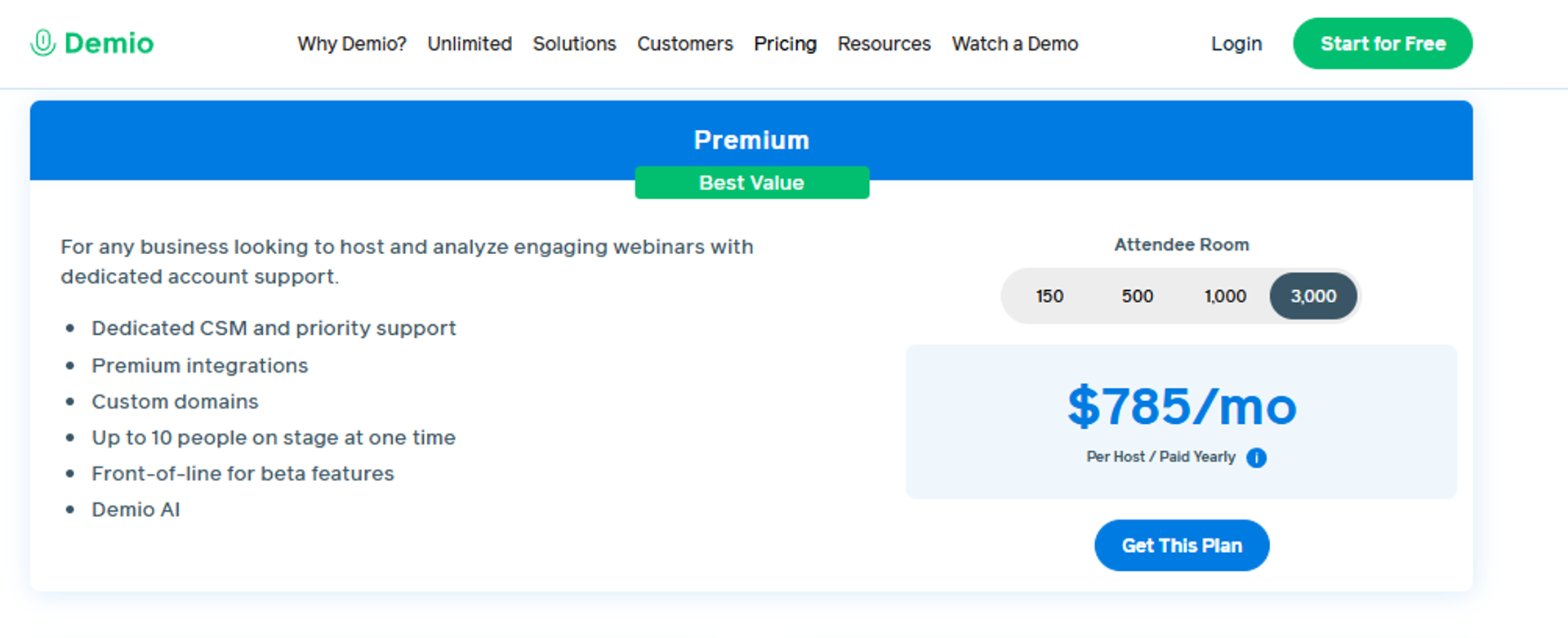 Demio Premium pricing page showing $785 per month for a 3,000-attendee room with premium features