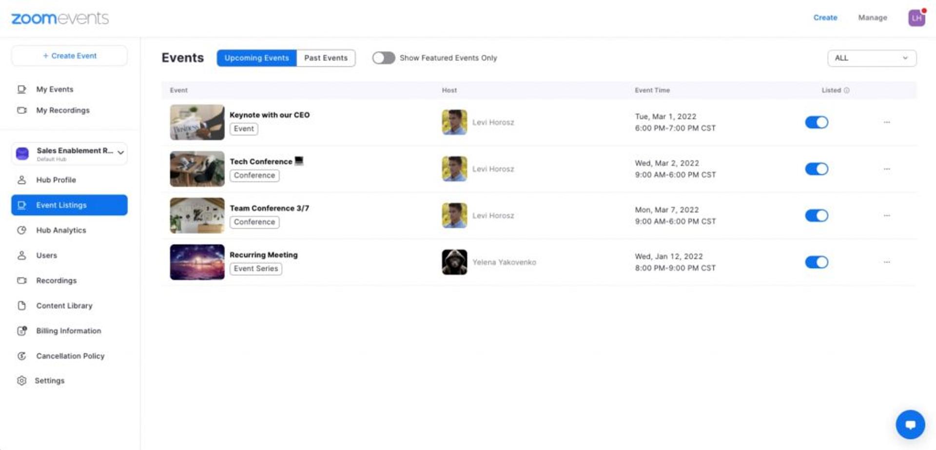 Zoom Events interface displaying broadcast webinar room, attendee list, and registration controls for large virtual conferences.