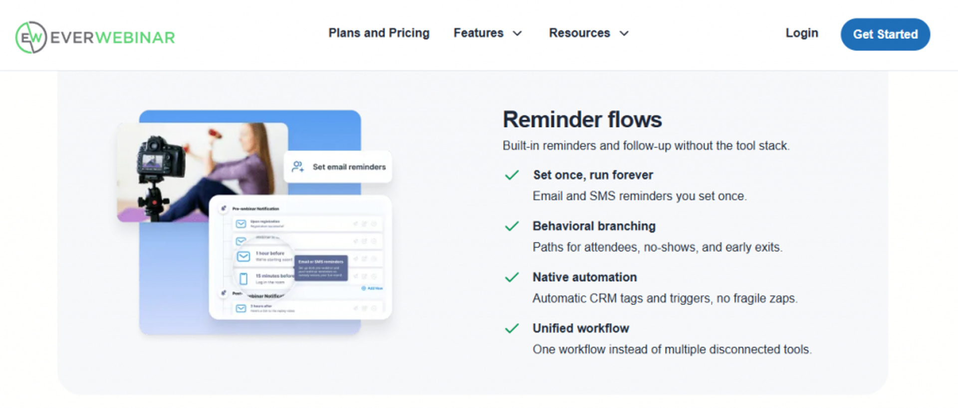 EverWebinar reminder flows feature showing email and SMS automation for attendees, no-shows, and early exits