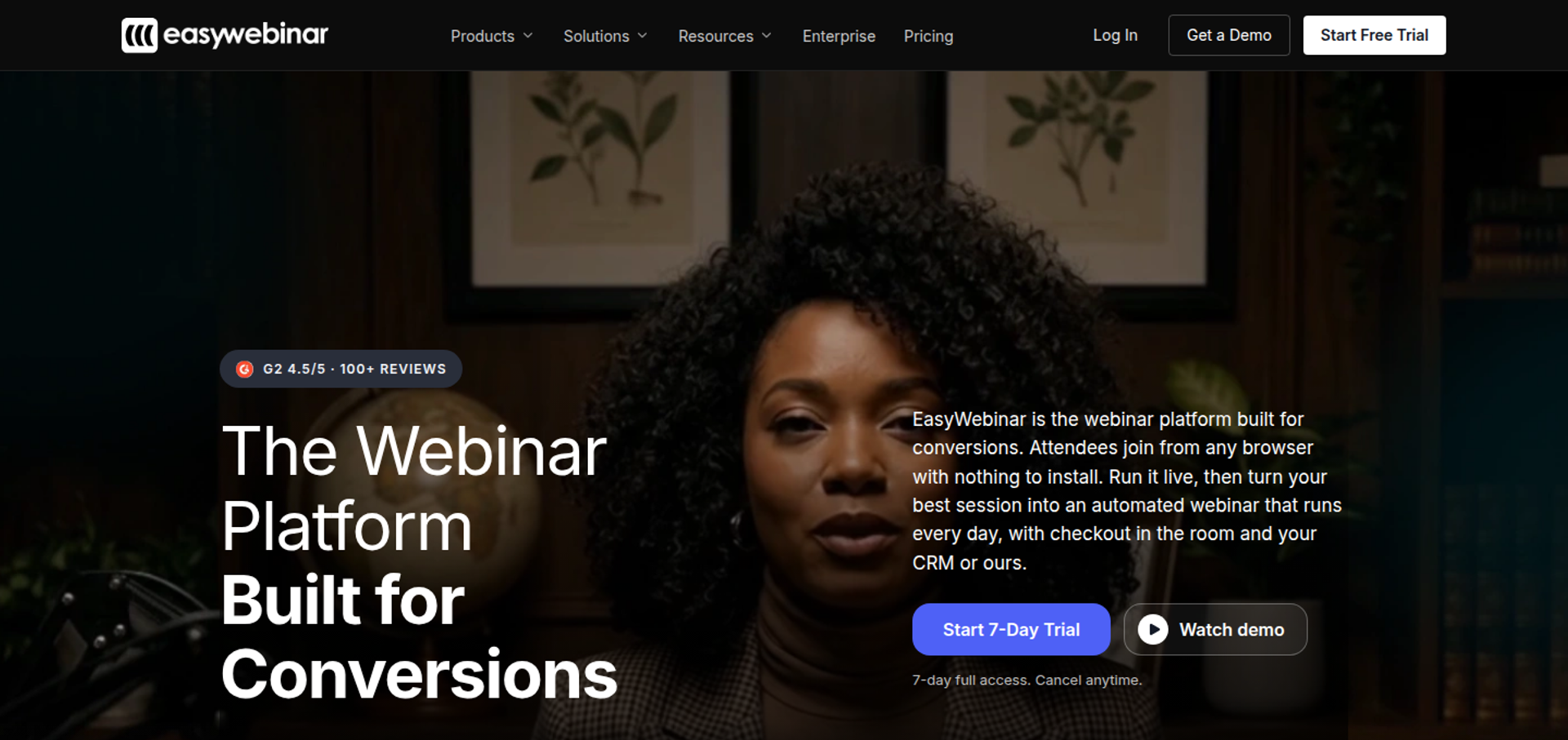 EasyWebinar homepage showing the EasyWebinar logo, the headline The Webinar Platform Built for Conversions, and the Start 7-Day Trial button