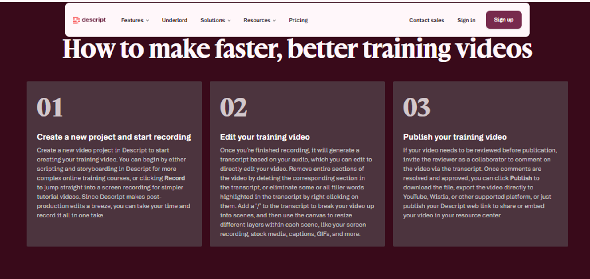Descript training video workflow for recording, editing transcripts, and publishing course content