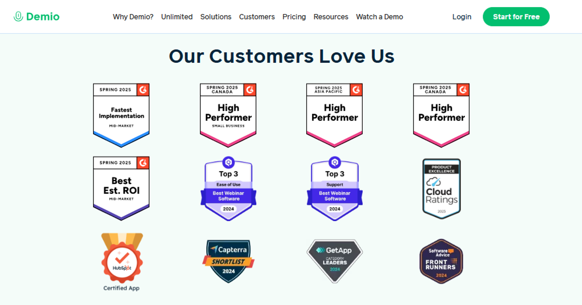 Demio customer proof wall with G2, Capterra, GetApp, and HubSpot certified app badges from 2024 and 2025