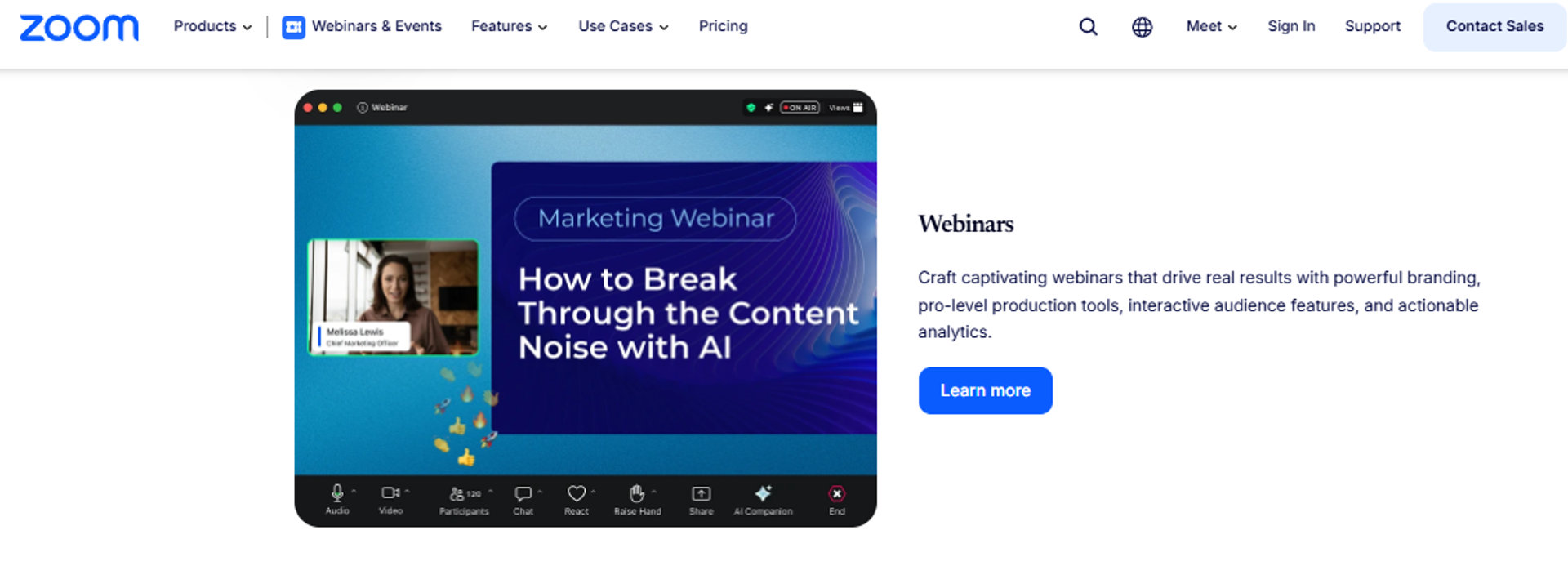 Zoom Webinars interface showing a branded marketing webinar and presenter controls