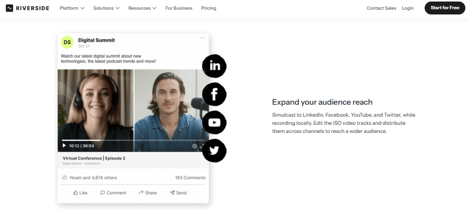 Riverside virtual training platform showing recorded video session and multistreaming to social media channels