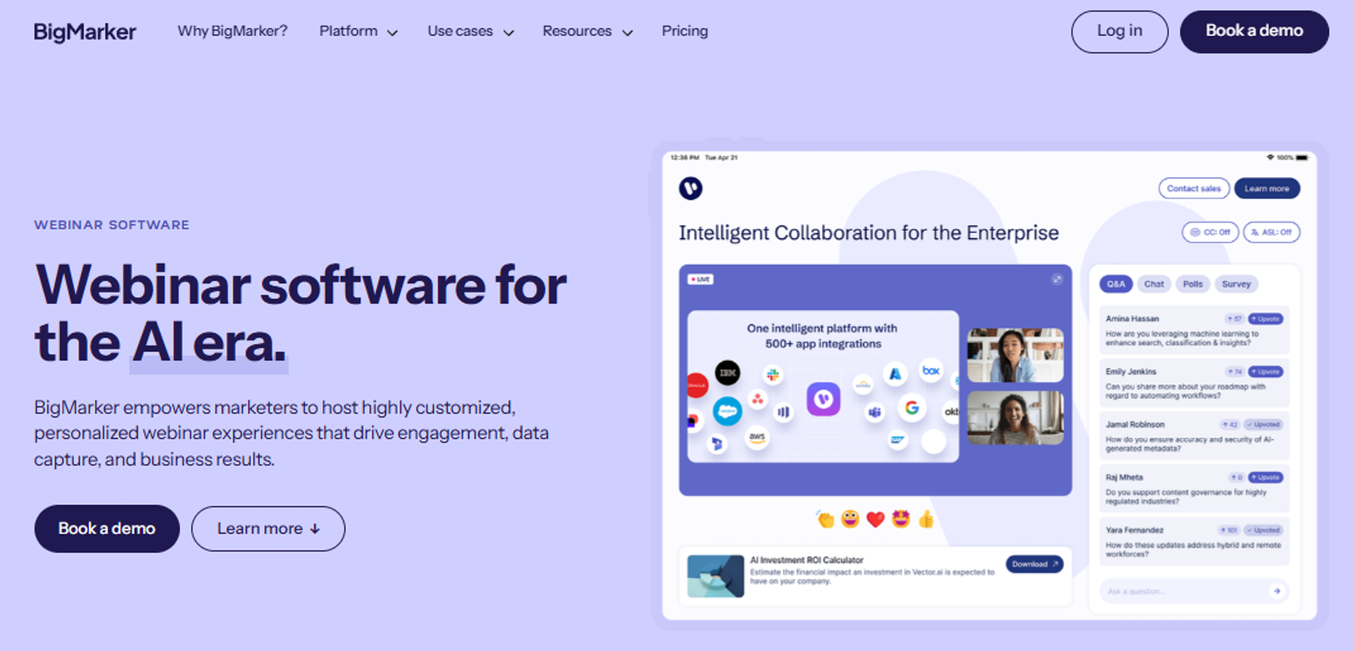 BigMarker AI webinar platform screen showing 500 app integrations, upvoted Q&A, polls and survey panel