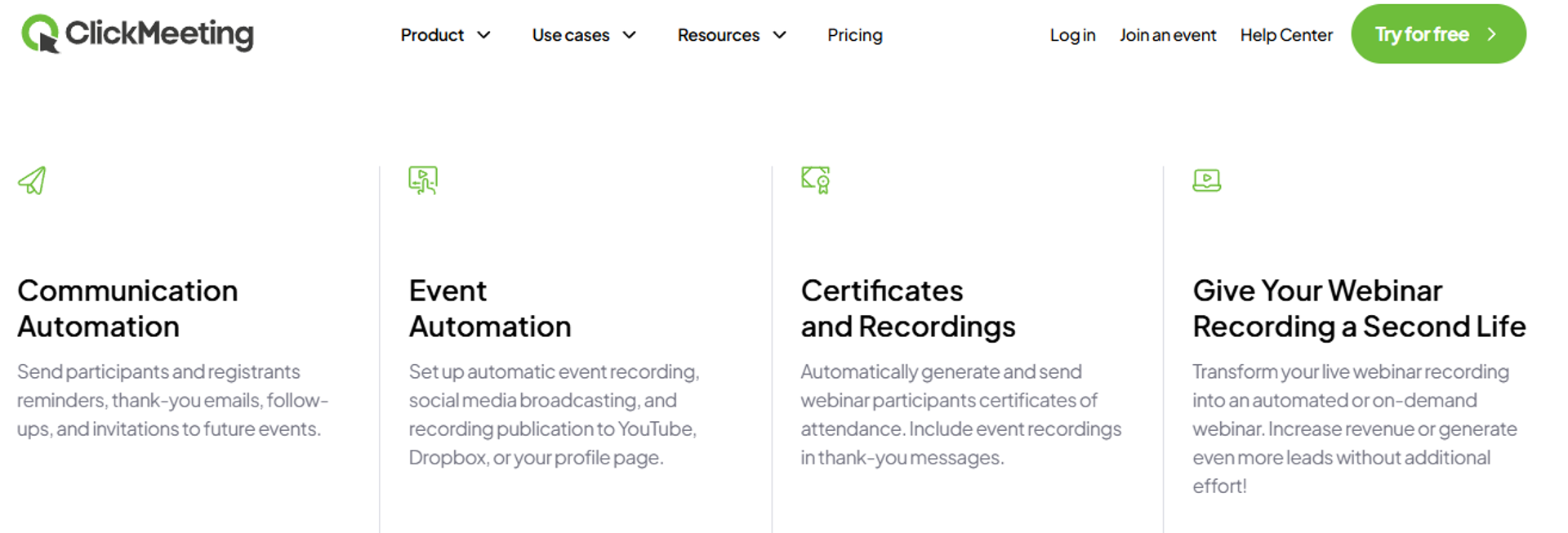 ClickMeeting automation features covering communication automation, event recording, certificates, and on-demand webinars