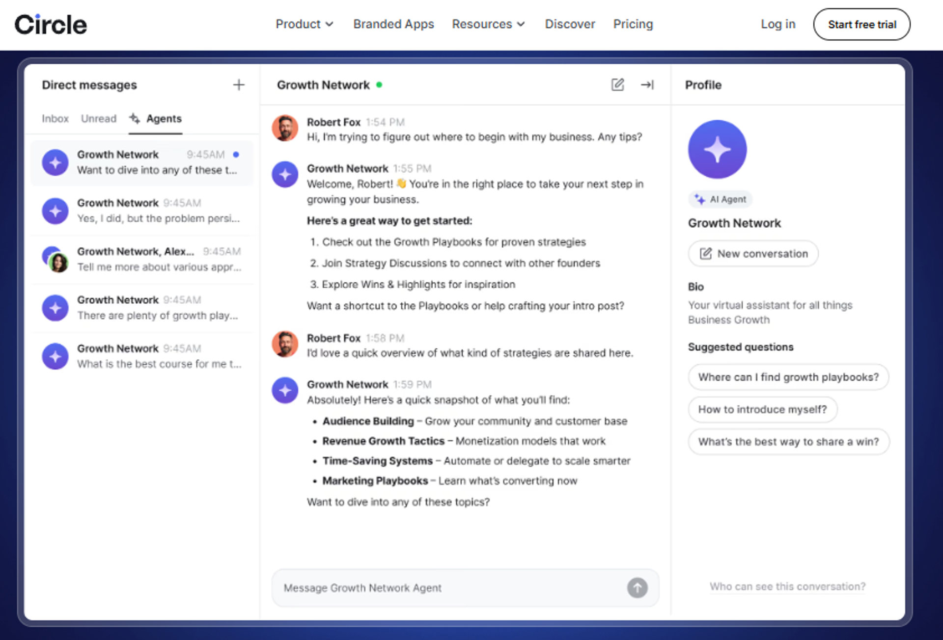 Circle community platform showing AI-assisted direct messages, growth discussions, and member profile tools