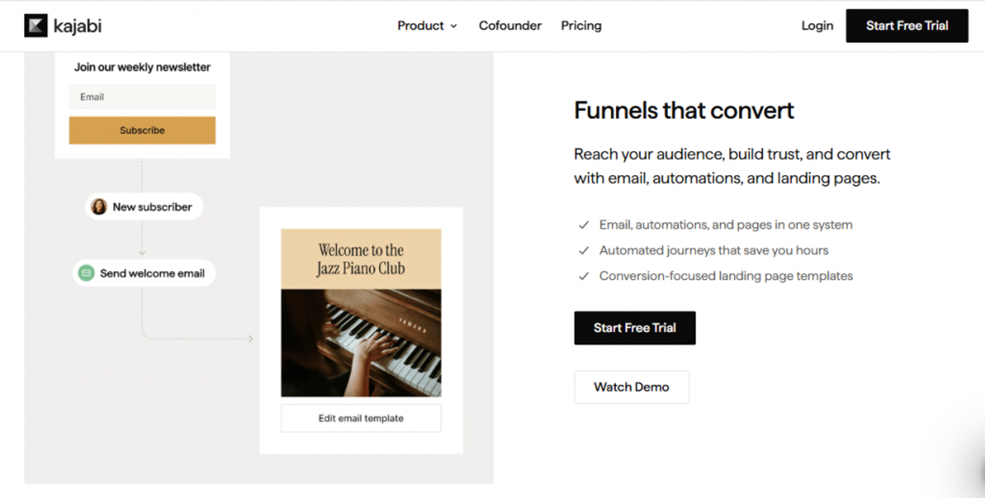 Kajabi funnel builder automating welcome emails and landing pages for creator revenue and conversion
