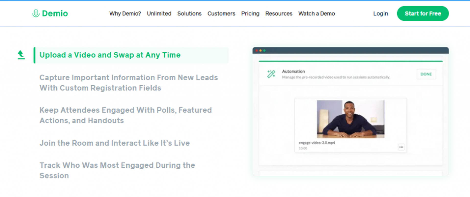  Demio automation uploading a pre-recorded video to run sessions automatically with polls, handouts, and lead tracking