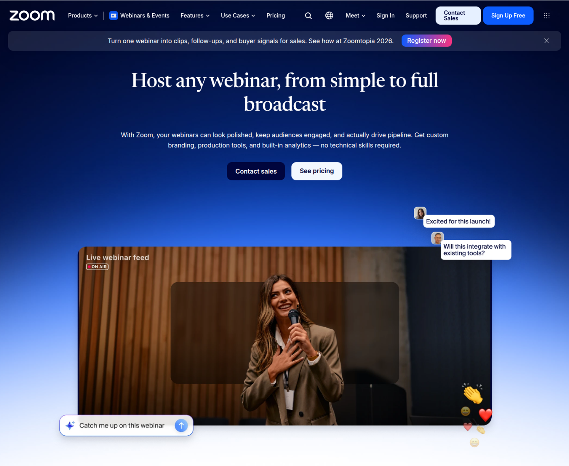 Zoom Webinars page headline Host any webinar above a live webinar feed of a presenter speaking on stage