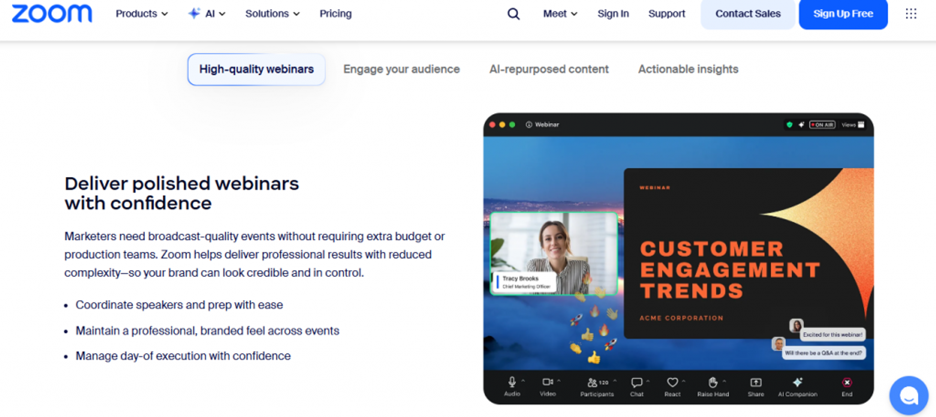 Zoom Events and Webinars interface delivering polished, branded broadcast-quality webinars with chat, reactions, and Q&A