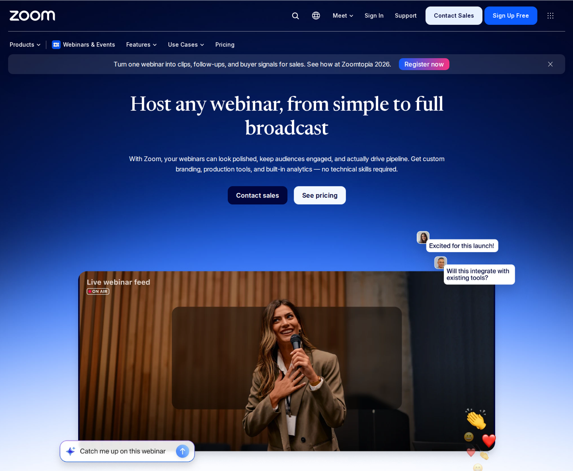 Zoom Webinars page headline above a live webinar feed of a speaker with chat bubbles and reactions