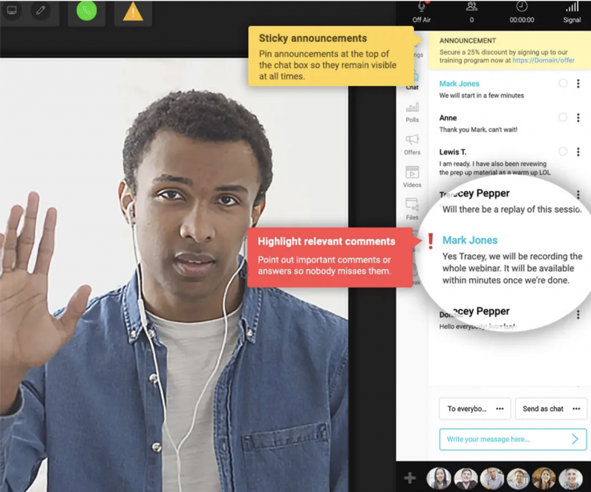 WebinarJam live broadcast screen with timed upsell overlays for high-capacity live webinar audiences.