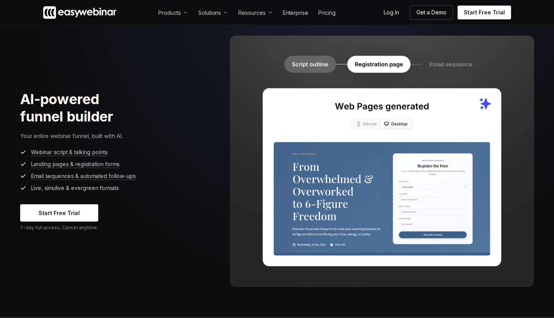 EasyWebinar AI funnel builder page showing a generated webinar registration page with a Register for Free form