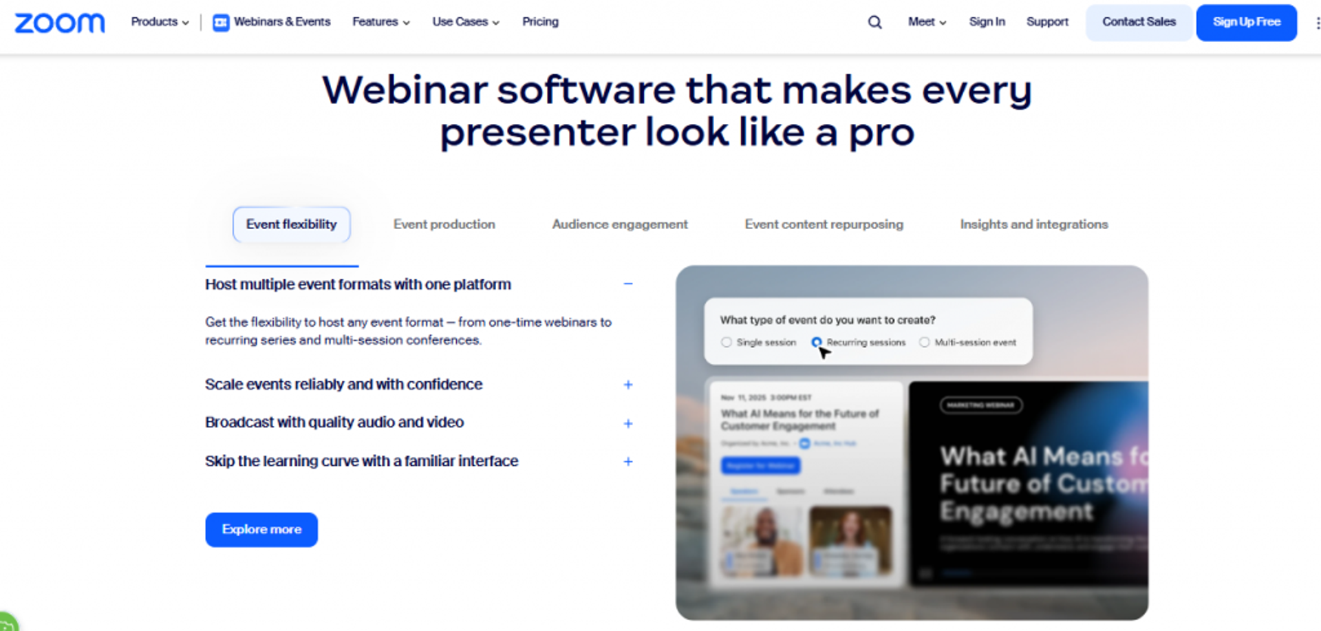 Zoom Webinars page headlined "Webinar software that makes every presenter look like a pro" with event options