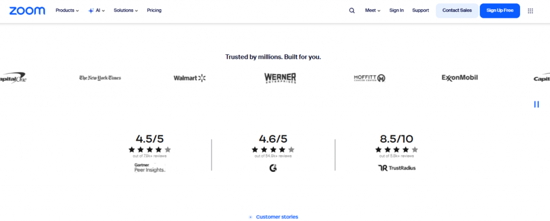Zoom social proof with enterprise logos and Gartner, G2, TrustRadius rating scores for the webinar platform