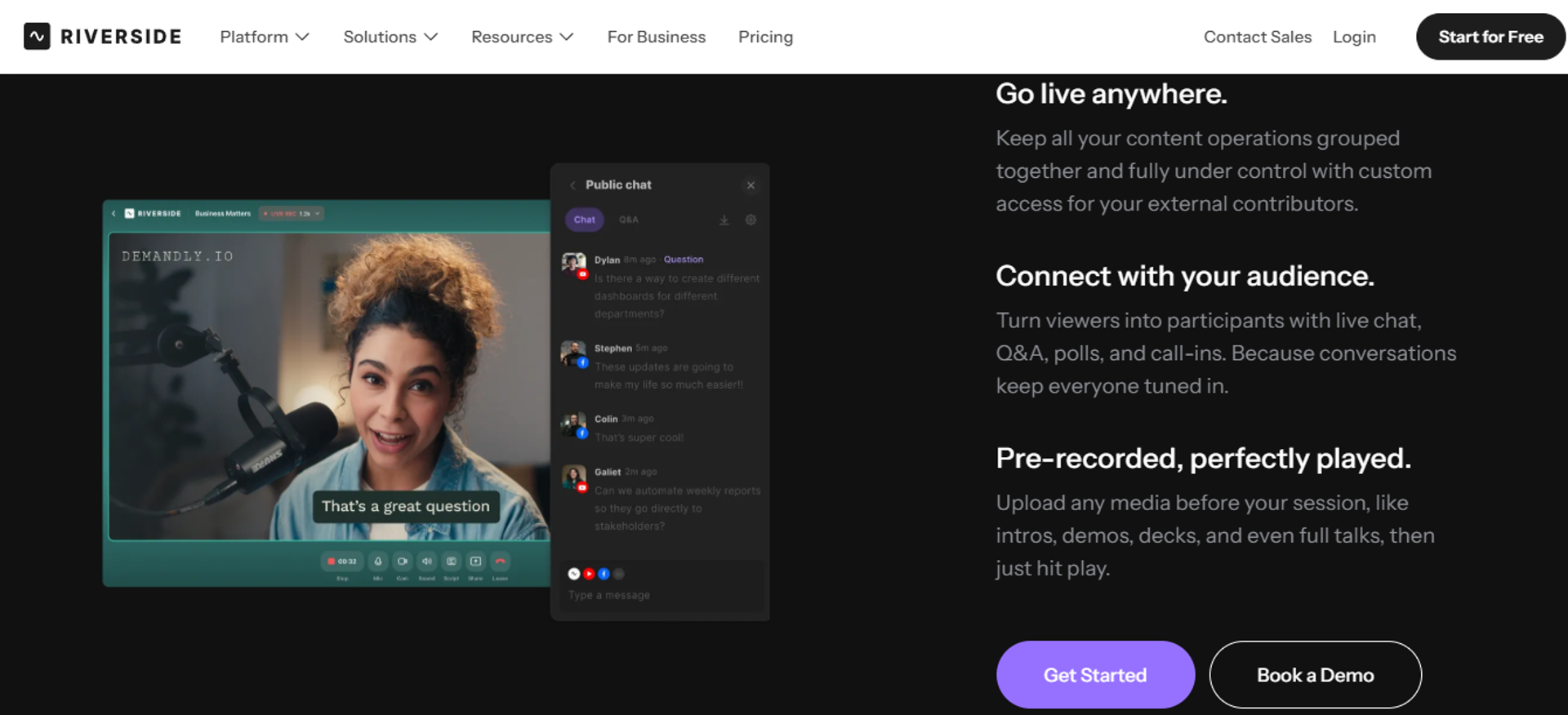  Riverside live studio interface with public chat, Q&A questions, and pre-recorded media playback controls