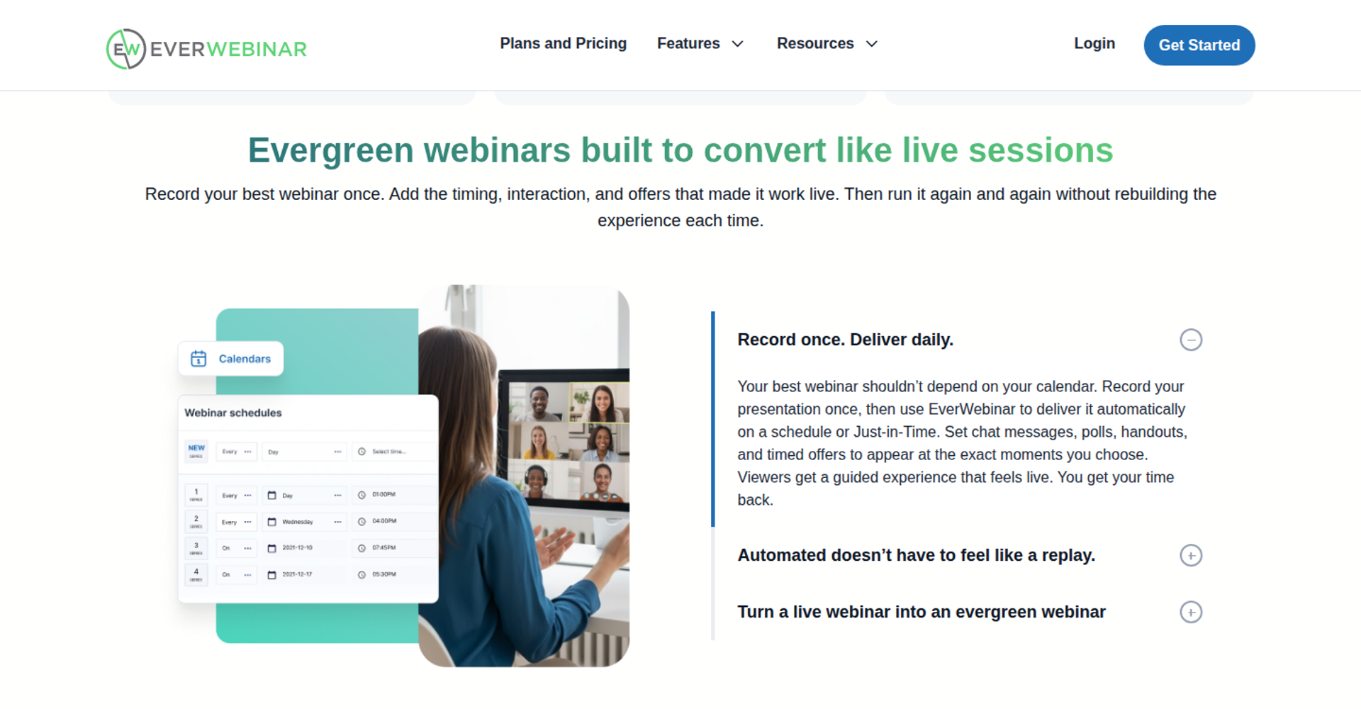 EverWebinar page showing a webinar schedule calendar beside a presenter, with evergreen webinar features listed on the right