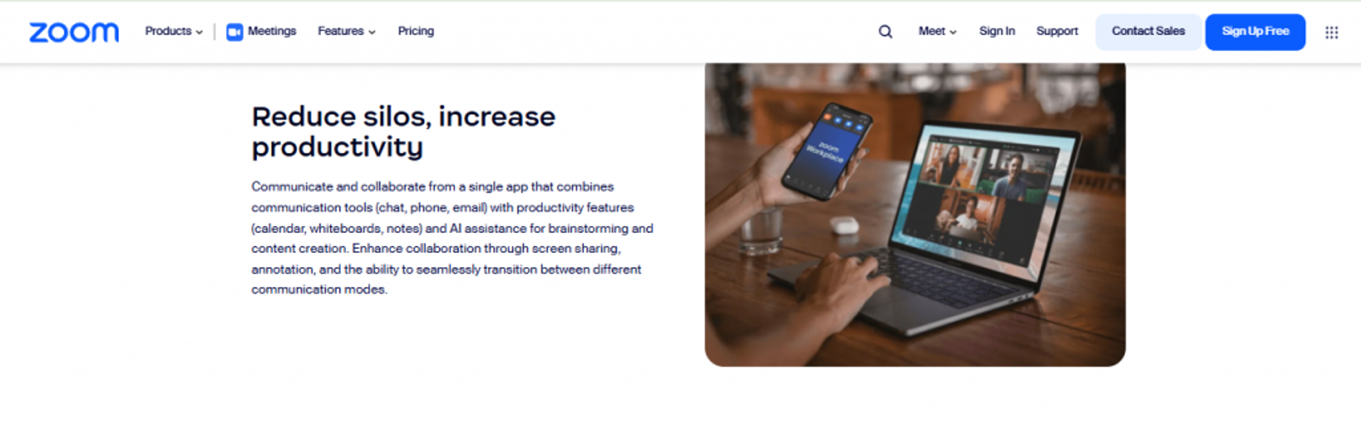 Zoom Workplace landing page showing collaboration and video communication features on mobile and laptop