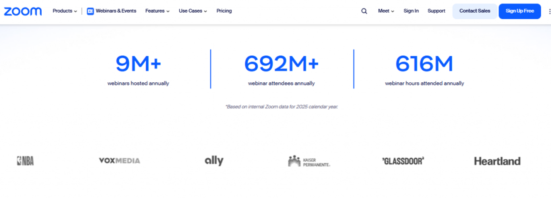  Zoom Webinars stats page showing 9M webinars, 692M attendees, and 616M hours attended annually