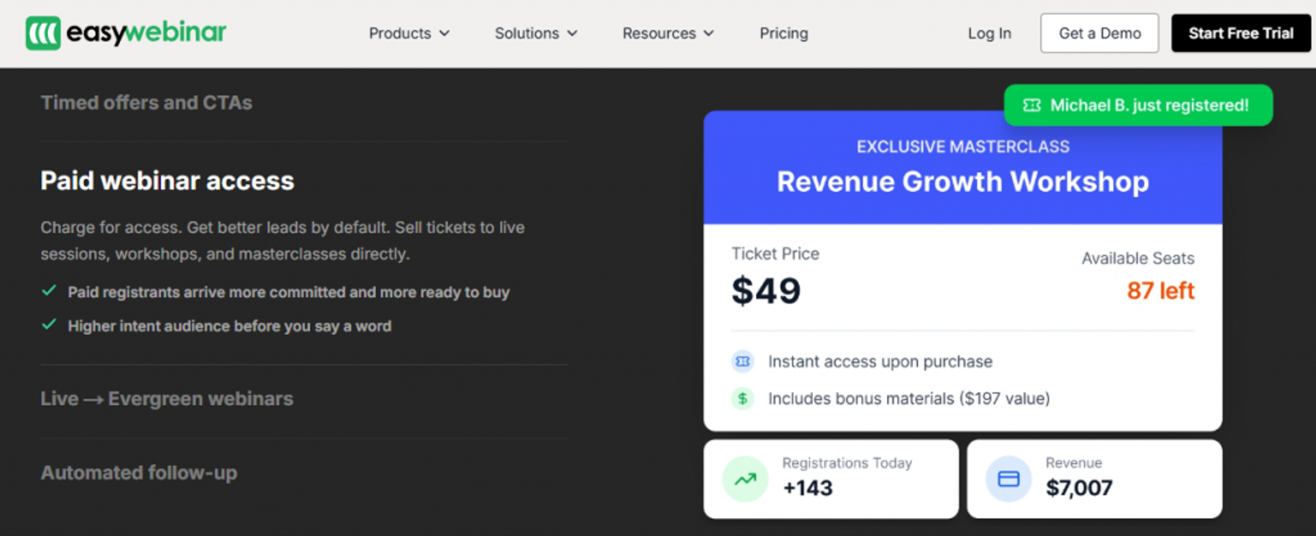 EasyWebinar paid webinar checkout showing ticket price, registrations, and live revenue for conversion optimization
