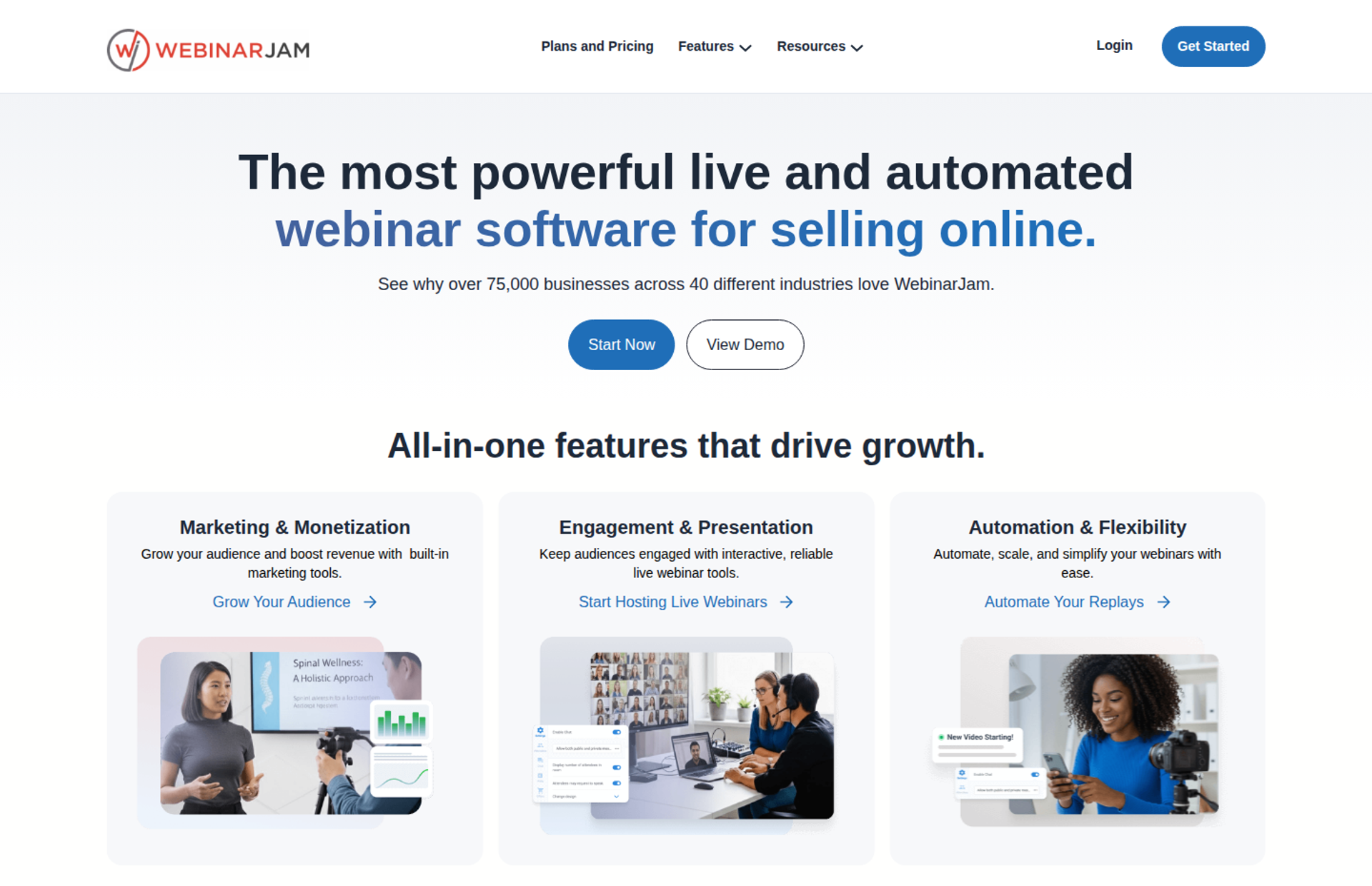 WebinarJam homepage showing live and automated webinar headline above three feature cards with webinar images