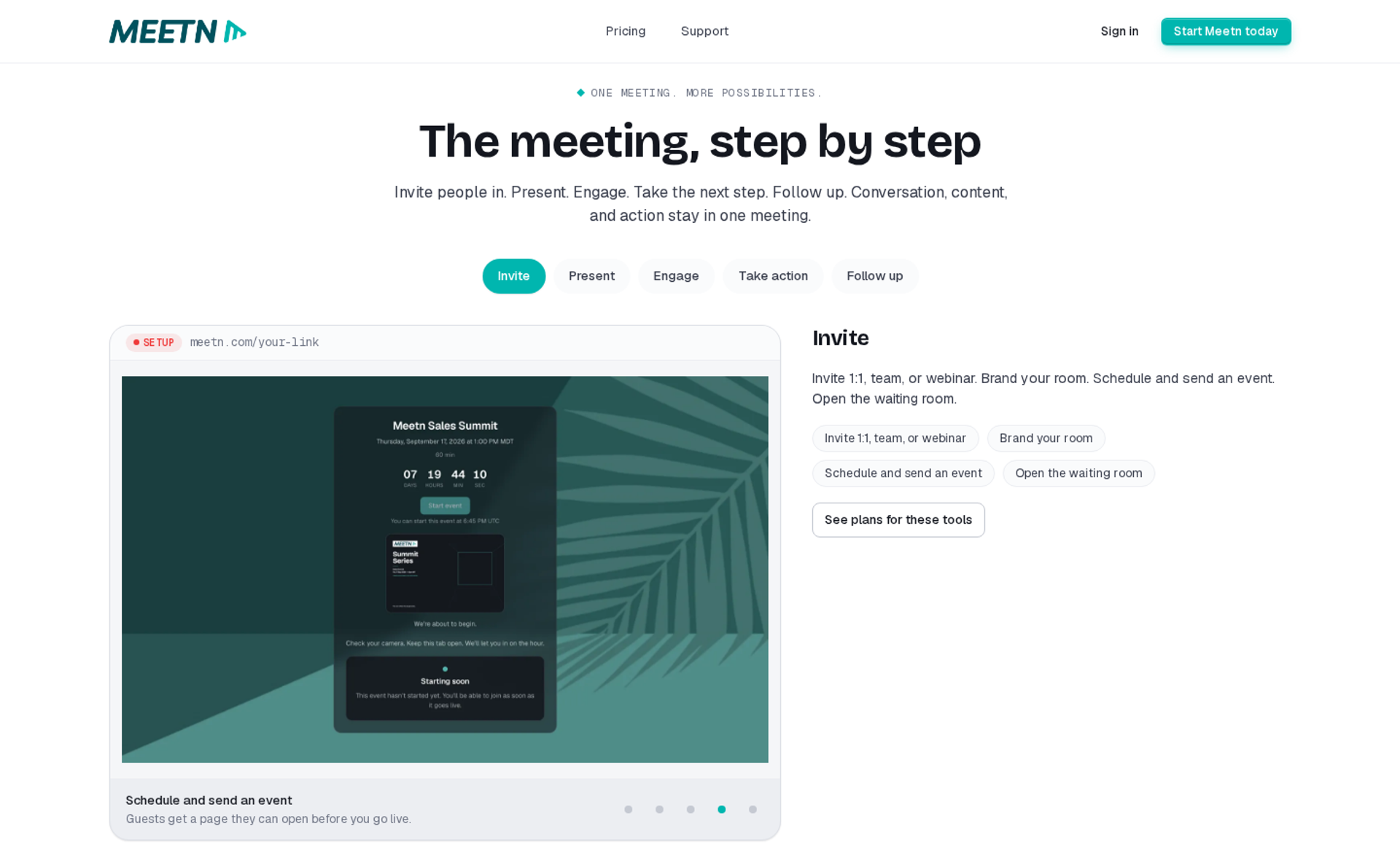 Meetn step by step section showing a Meetn Sales Summit webinar waiting room with a countdown timer