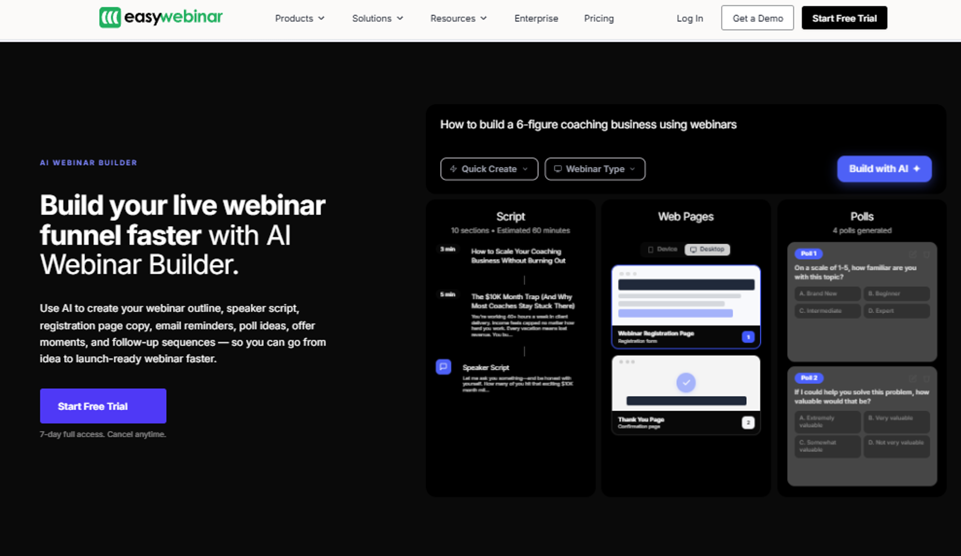 EasyWebinar AI Webinar Builder generating script, registration pages, and polls for a coaching webinar funnel