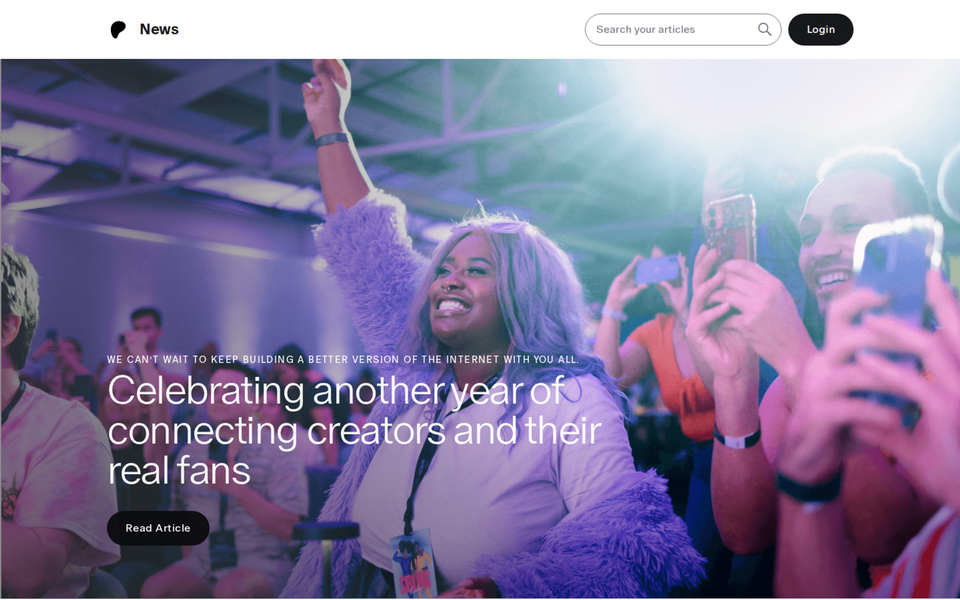Patreon News page with a creator celebrating at a live fan event and a headline about connecting creators and fans