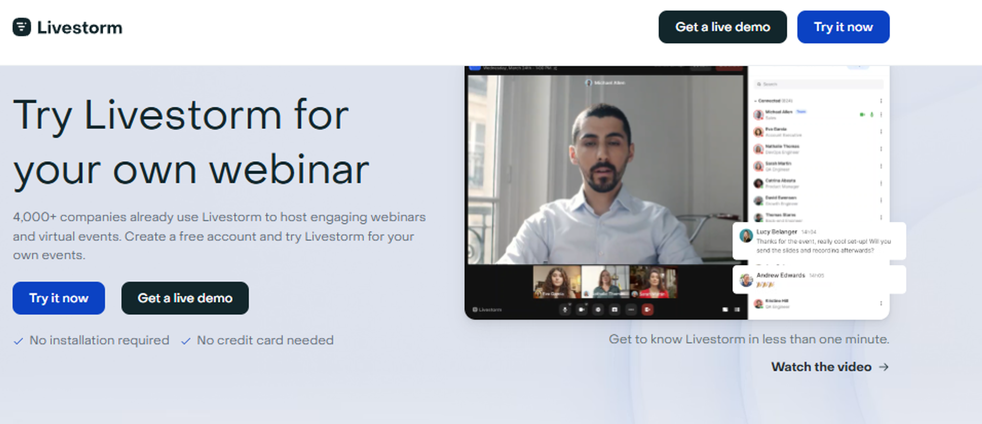  Livestorm browser-based webinar interface showing live presenter video and real-time attendee chat panel