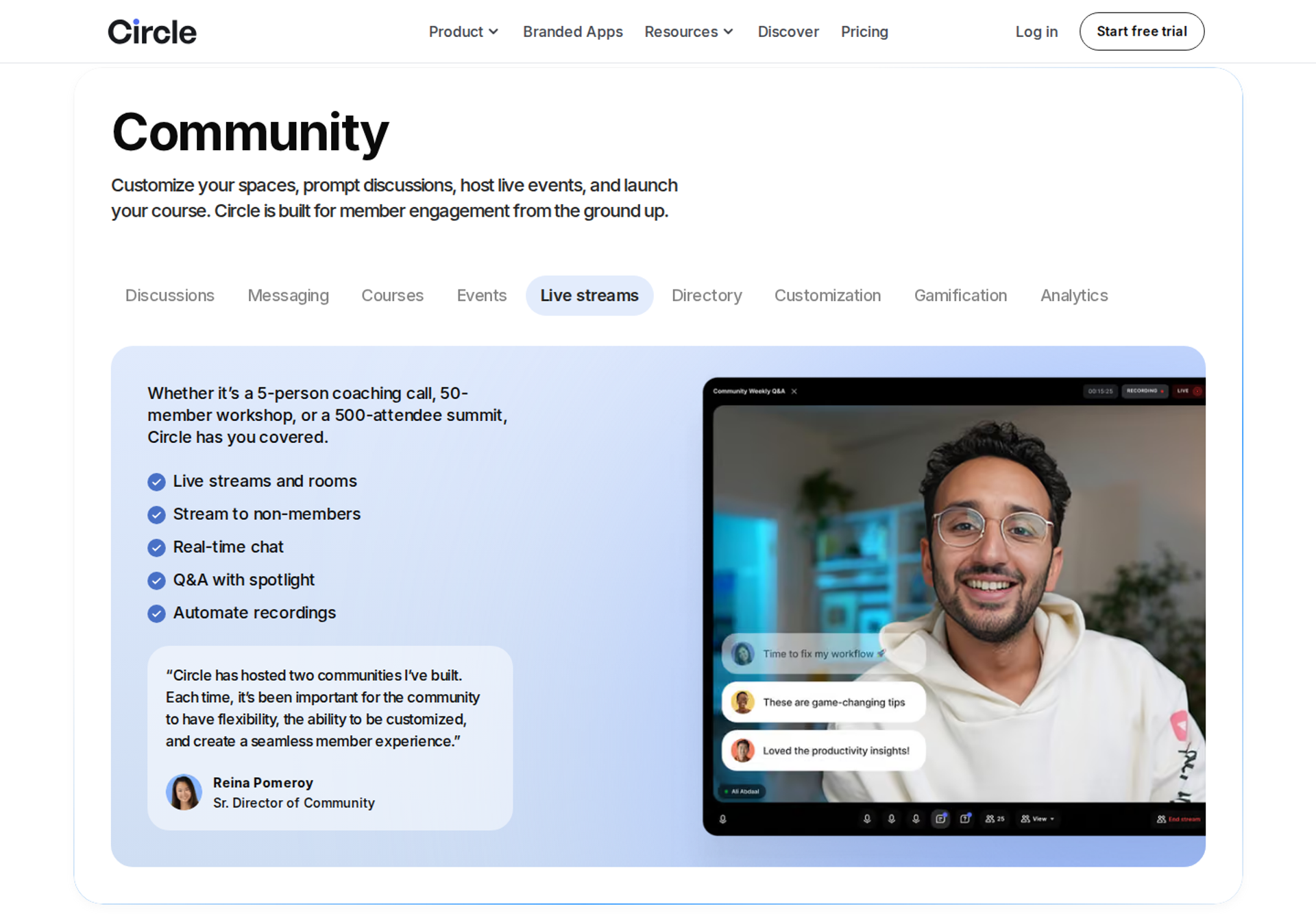 Circle Community section on the Live streams tab with feature list beside a live stream host