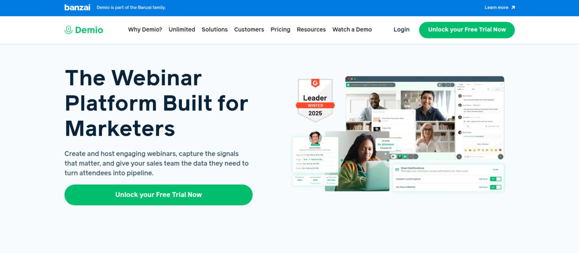 Demio homepage headline The Webinar Platform Built for Marketers beside a webinar room collage and a G2 Leader badge