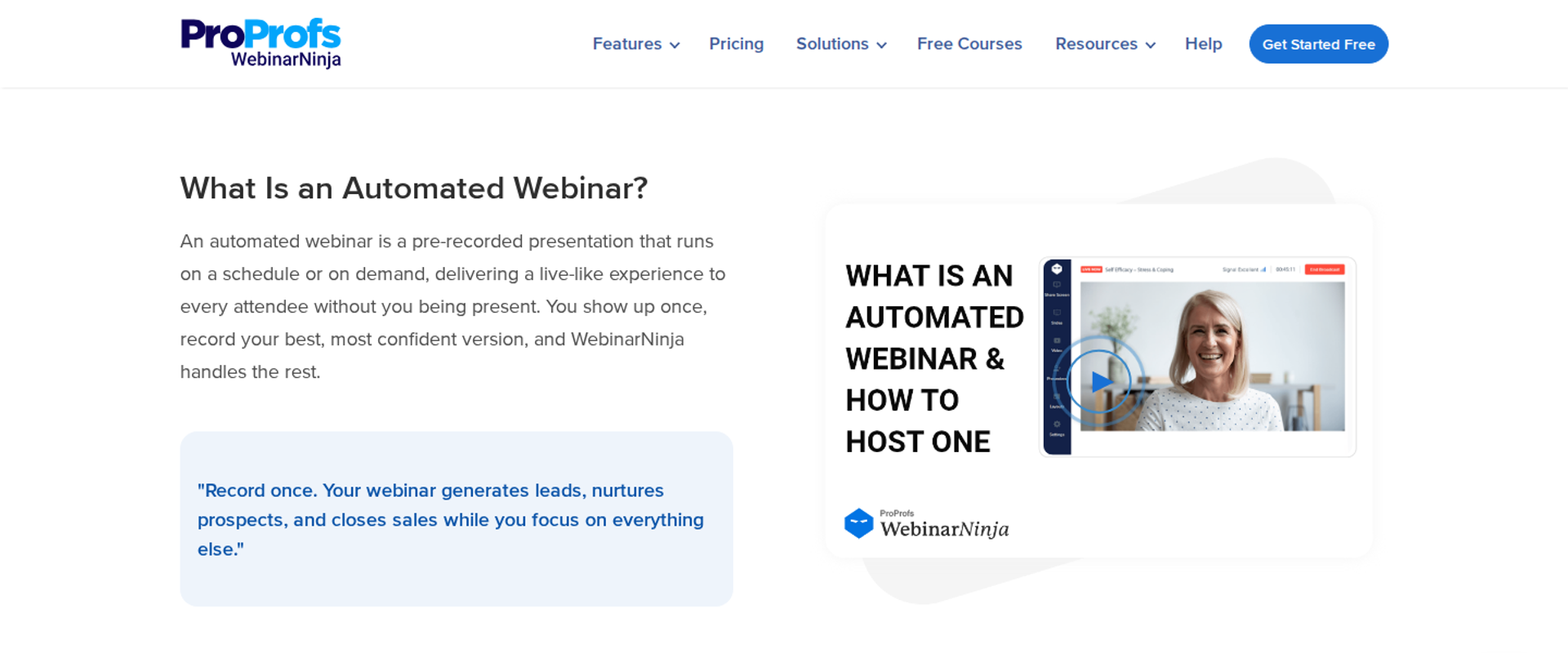 ProProfs WebinarNinja section What Is an Automated Webinar with explanation text beside a video thumbnail