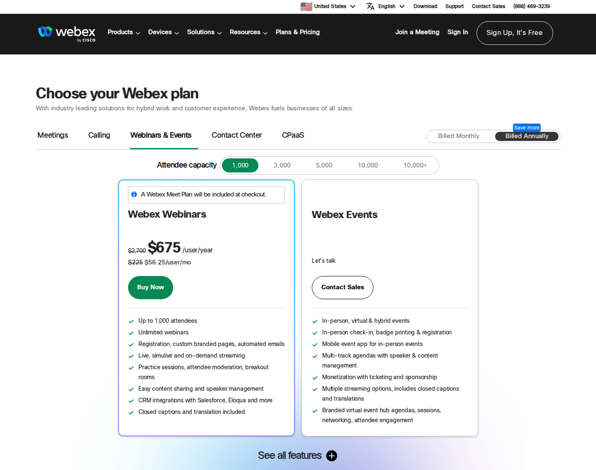Webex pricing page showing the Webex Webinars plan card for up to 1,000 attendees next to Webex Events