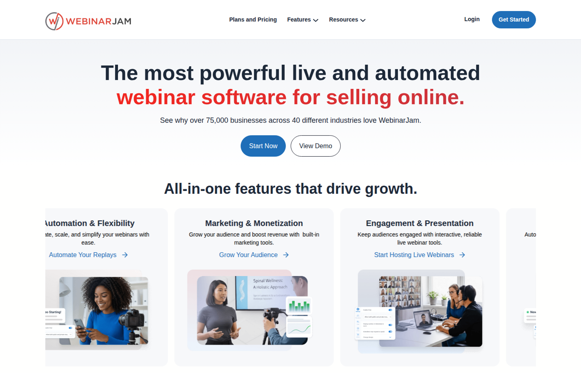 WebinarJam homepage with headline and feature cards for automation, monetization, and engagement