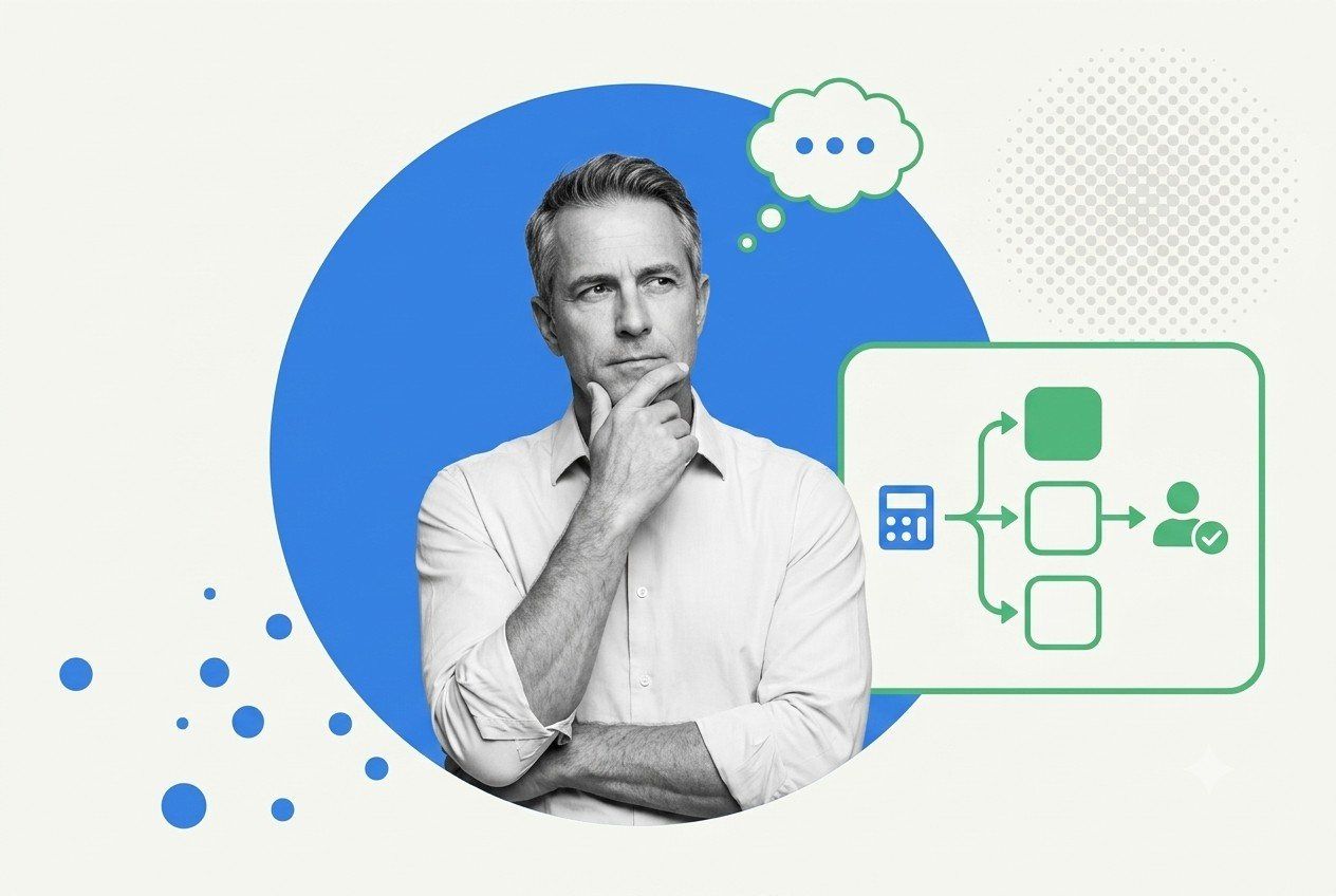 Man weighing EverWebinar pricing options, with a calculator icon branching into plan paths and a best-fit user