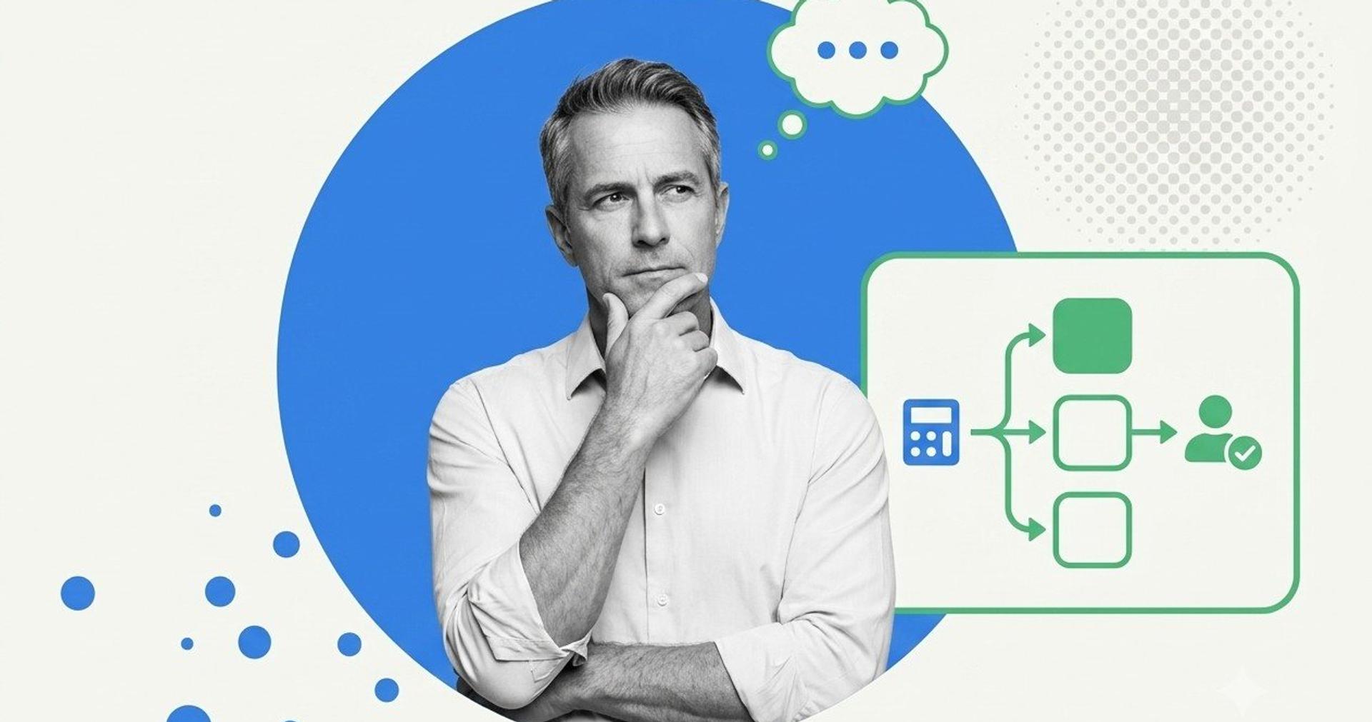 Man weighing EverWebinar pricing options, with a calculator icon branching into plan paths and a best-fit user