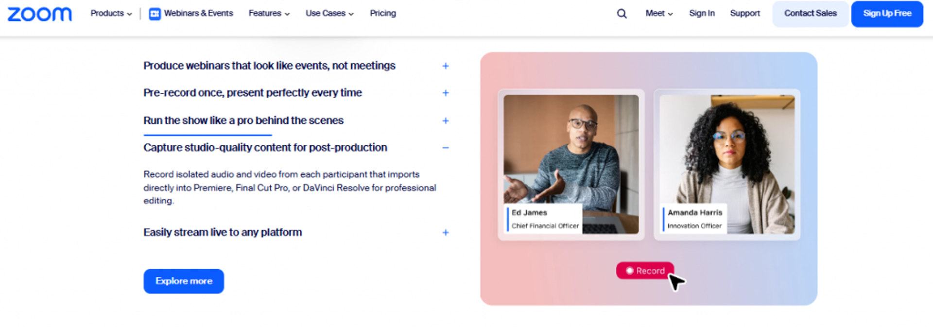 Zoom Webinars page showing event production features and studio-quality recording controls