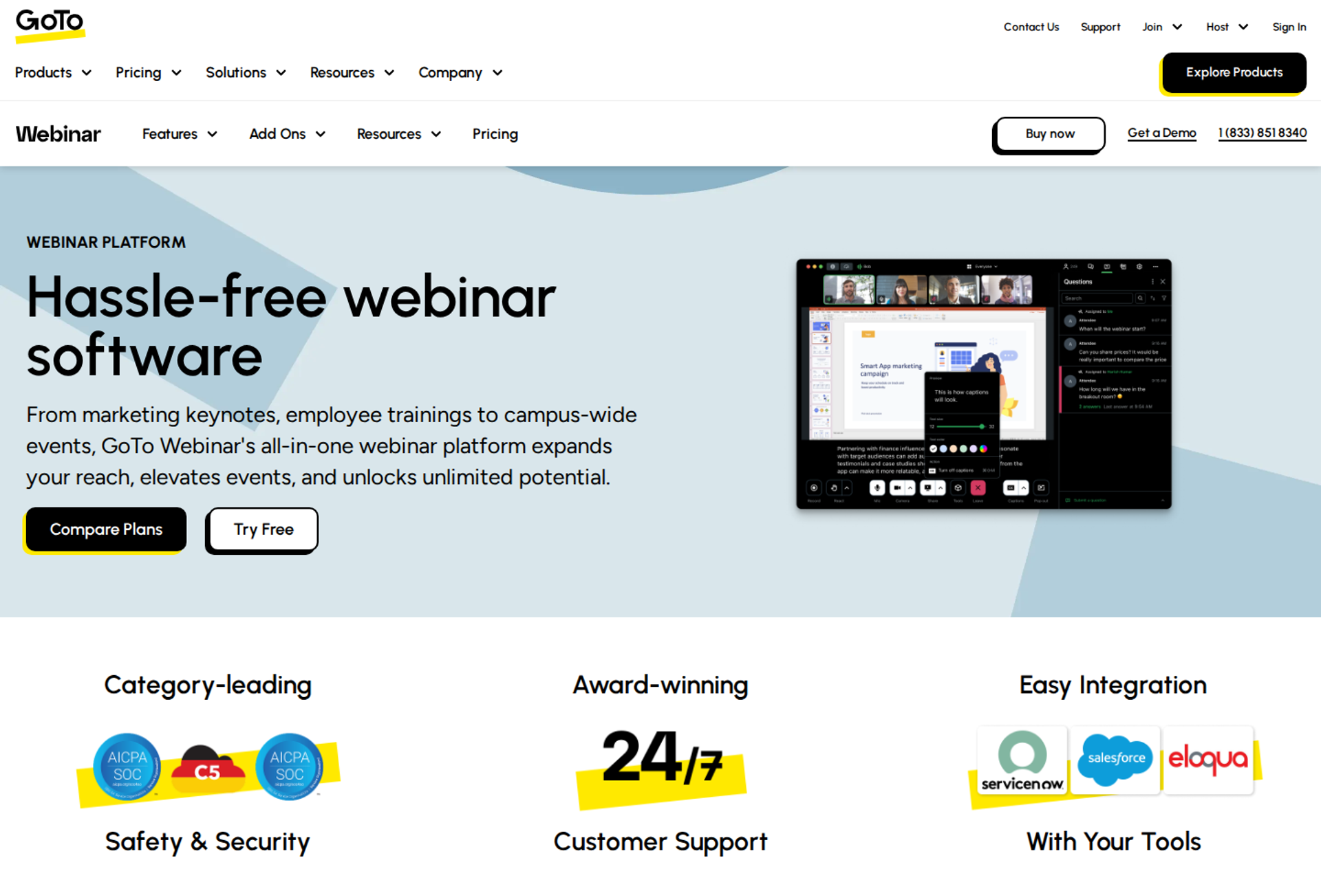 GoTo Webinar page: headline Hassle-free webinar software beside a product screen, with security and support badges